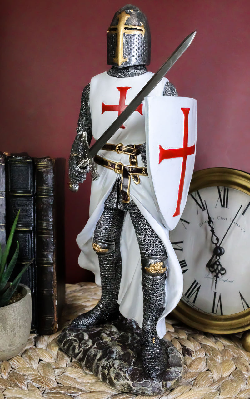 Ebros White Cloak Caped Medieval Crusader Swordsman Knight of Christ Figurine 11.5"H