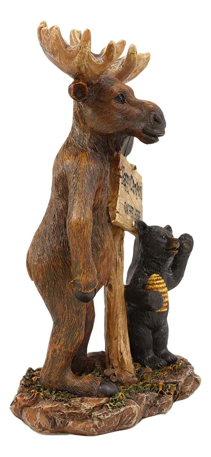 Ebros Black Bear and Elk Moose Standing by Happy Campers Sign Statue 7.25" H