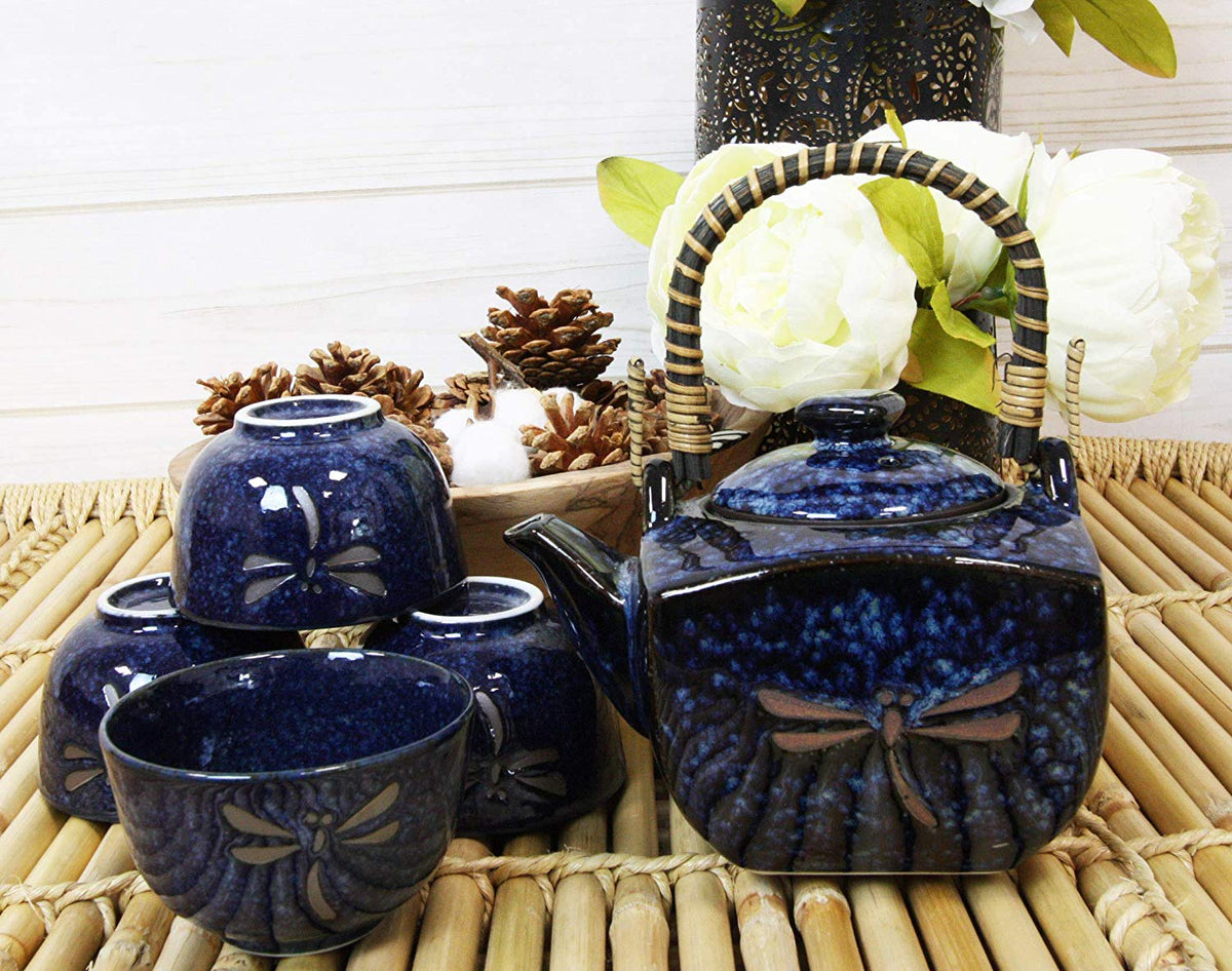 Ebros Japan Made Tombo Dragonfly Midnight Blue 20oz Porcelain Tea Pot & Cups Set - Ebros Gift