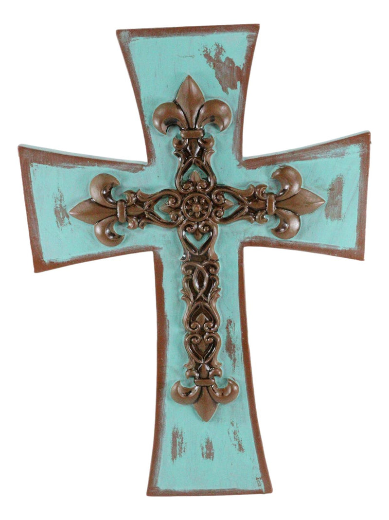 Rustic Southwestern Tuscany French Fleur De Lis Antiqued Turquoise Wall Cross