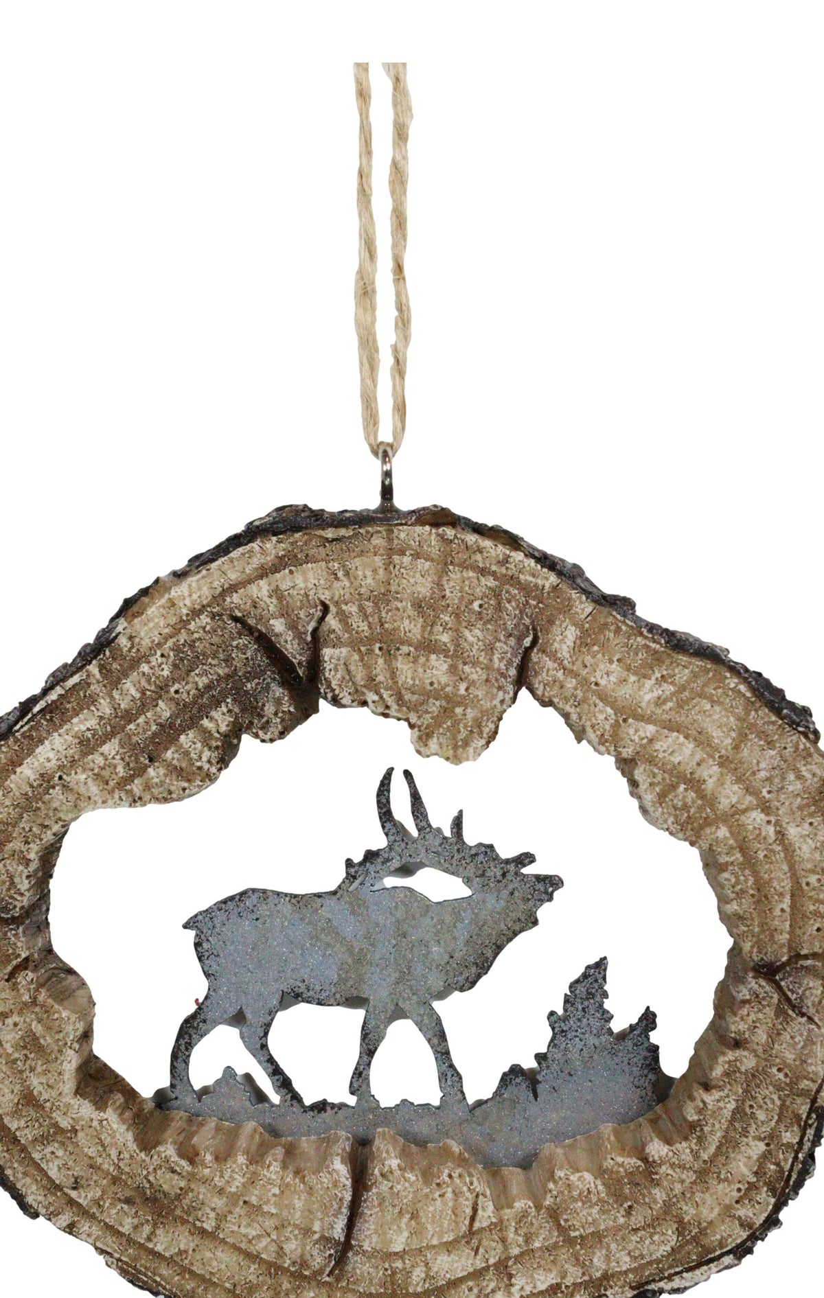 Rustic Western Elk Deer Faux Wood Log Slice Set of 4 Christmas Tree Ornaments
