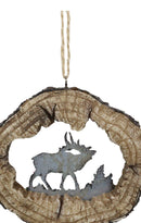 Rustic Western Elk Deer Faux Wood Log Slice Set of 4 Christmas Tree Ornaments