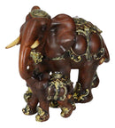 Thai Buddhism Noble Wood Finished Resin Mother Elephant With Calf Figurine Decor