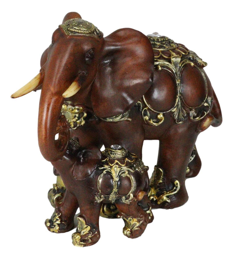 Thai Buddhism Noble Wood Finished Resin Mother Elephant With Calf Figurine Decor