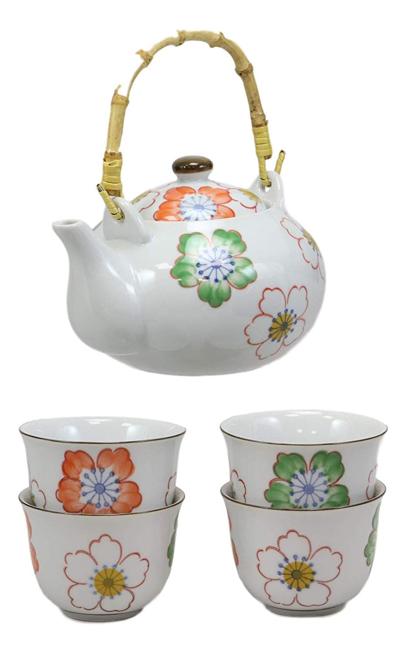Ebros Japanese Design Colorful Botanic Floral Design Porcelain White Tea Pot 22oz and Cups Set Serves 4 Guests Home Decor Asian Fusion Zen Fengshui Decorative Teasets Birthday Housewarming Gifts