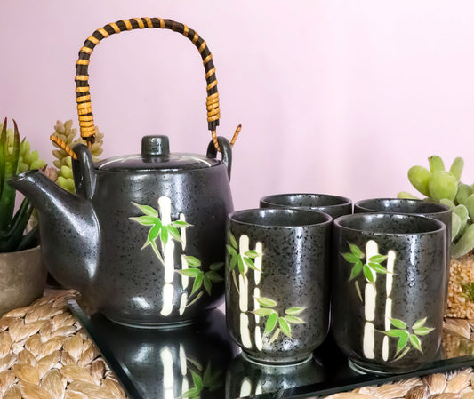 Ebros China Winter Lucky Bamboo Design Porcelain Black 20oz Tea Pot and 4 Cups Set - Ebros Gift