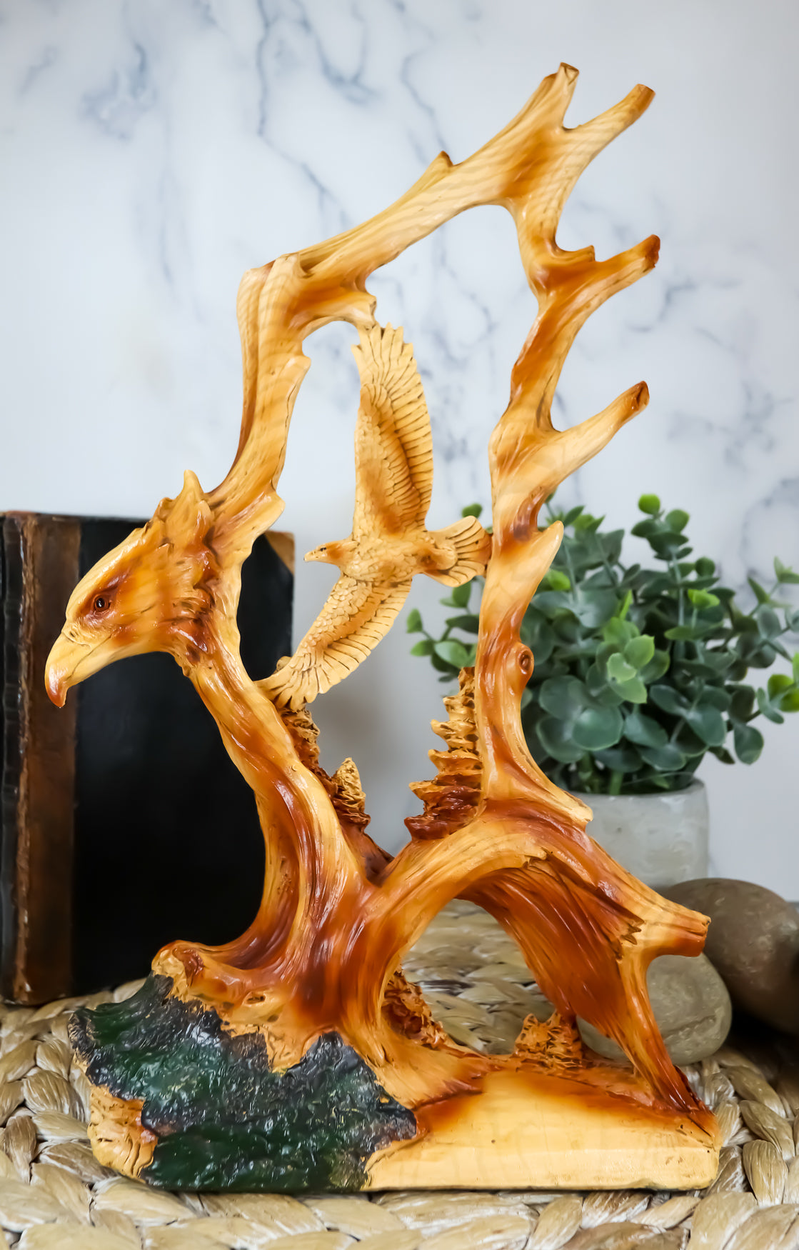 Ebros Rustic Faux Wood Carving Design Wildlife American Bald Eagle Landing Statue Wings of Glory Eagles As USA Patriotic Decor Sculpture for 4th of July Independence Day Figurine
