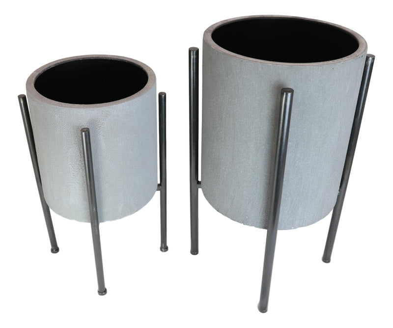 Set of 2 Contemporary Urban Grey Cast Iron Cylindrical Planter Pots With Stand