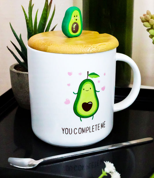 Pack Of 2 You Complete Me Avocado Hearts Ceramic Coffee Mug W/ Spoon And Lid Set