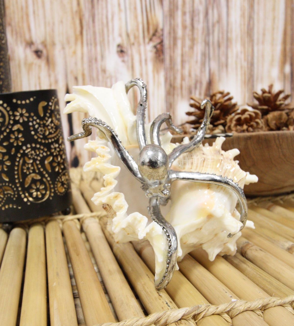Nautical Marine Silver Giant Sea Octopus On Pretty Striped Sconce Shell Figurine