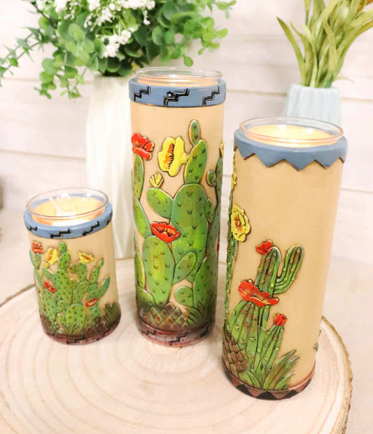 Southwestern Desert Cactus With Blooming Flowers Votive Candle Holders Set Of 3