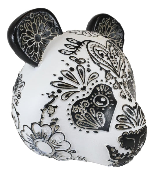 Ebros Black White Tattoo Tooled Floral Heart Panda Bear Head Day Of The Dead Figurine - Ebros Gift