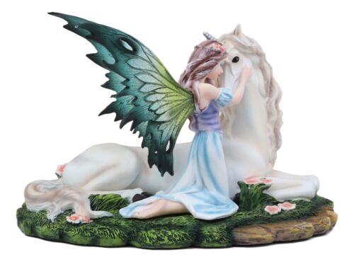 Beautiful Fae Goddess Fairy Princess With Rare Unicorn Friend Statue Magic Decor