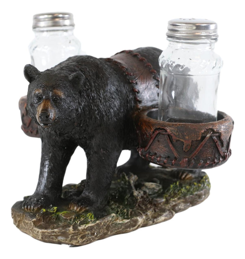 Rustic Black Bear Carrying Saddlebags Holder With Glass Salt And Pepper Shakers