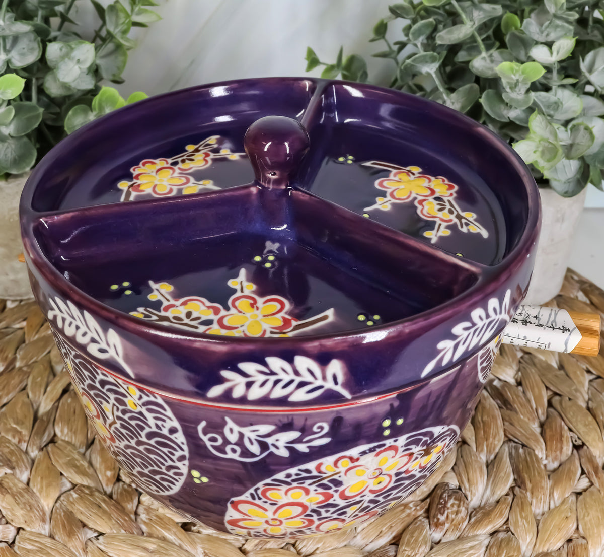 Ebros Japanese Dining Tempura Udon Noodles And Tentsuyu Dipping Sauce Large 6"D Bowl With Condiment Divider Lid And Built In Chopsticks Rest With Bamboo Chopsticks Set (Blue Spring Blossoms)