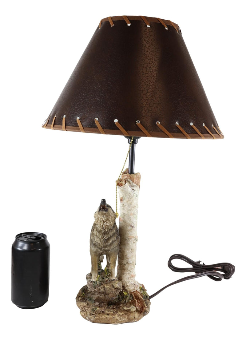 Rustic Wildlife Grey Wolf Howling By Birchwood Tree Table Lamp With Laced Shade