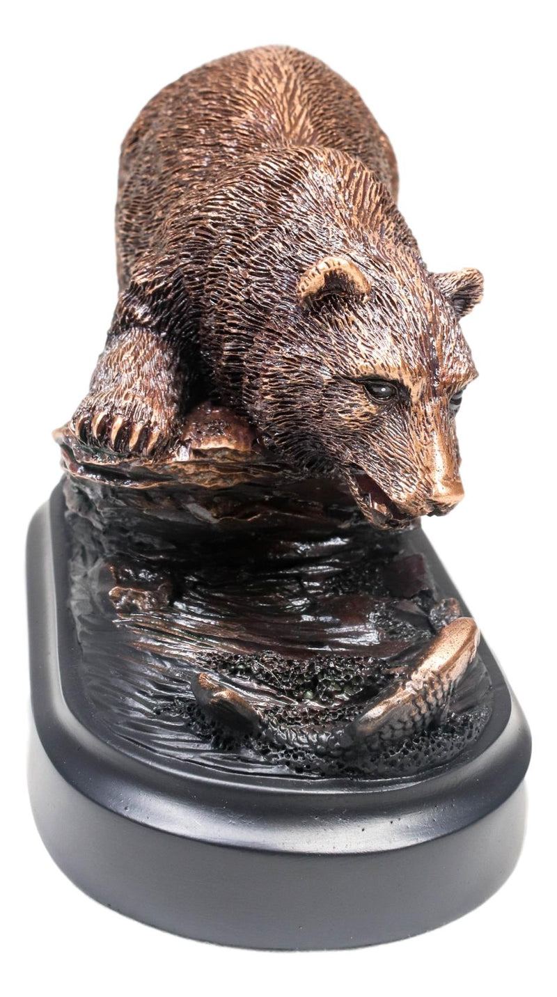 Woodlands Grizzly Bear By River Rock Catching Fish Bronze Electroplated Figurine