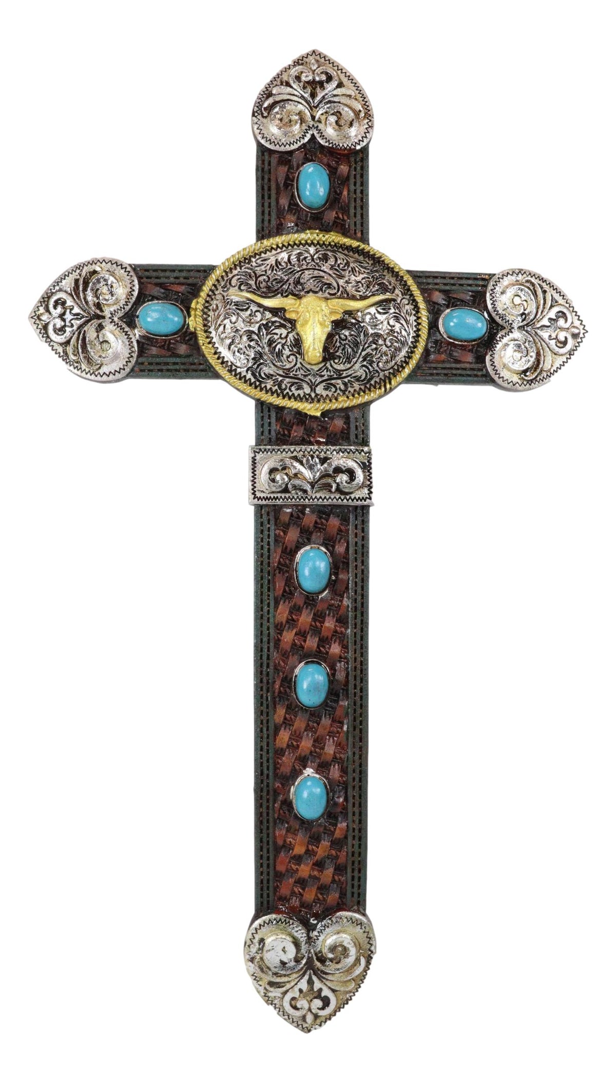 Set of 3 Rustic Western Turquoise Rocks Belt Buckle Conchos Wall Crosses Decor - Ebros Gift