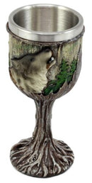 Mystical Howling Gray Wolf Wine Goblet Chalice Cup In Tree Bark & Roots Design