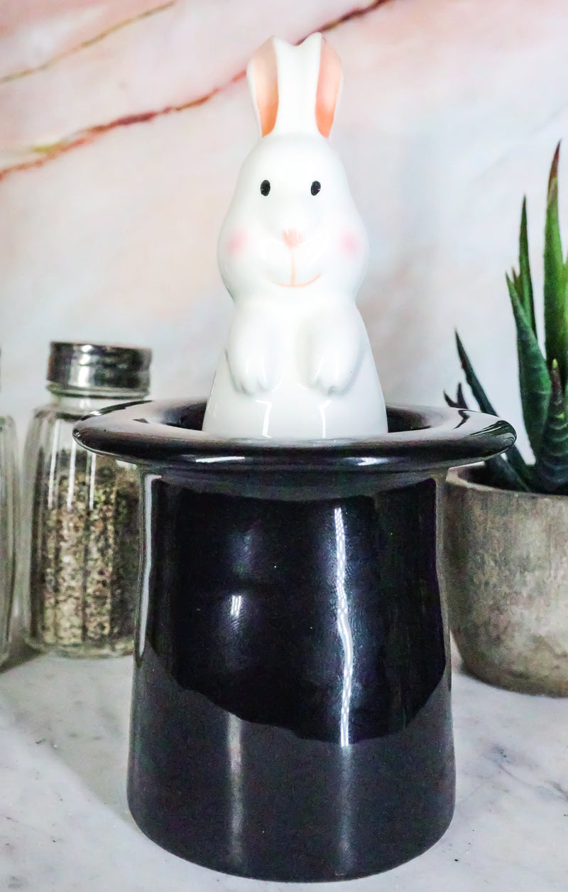 White Rabbit In Black Magician Top Hat Ceramic Salt Pepper Shakers Collectible