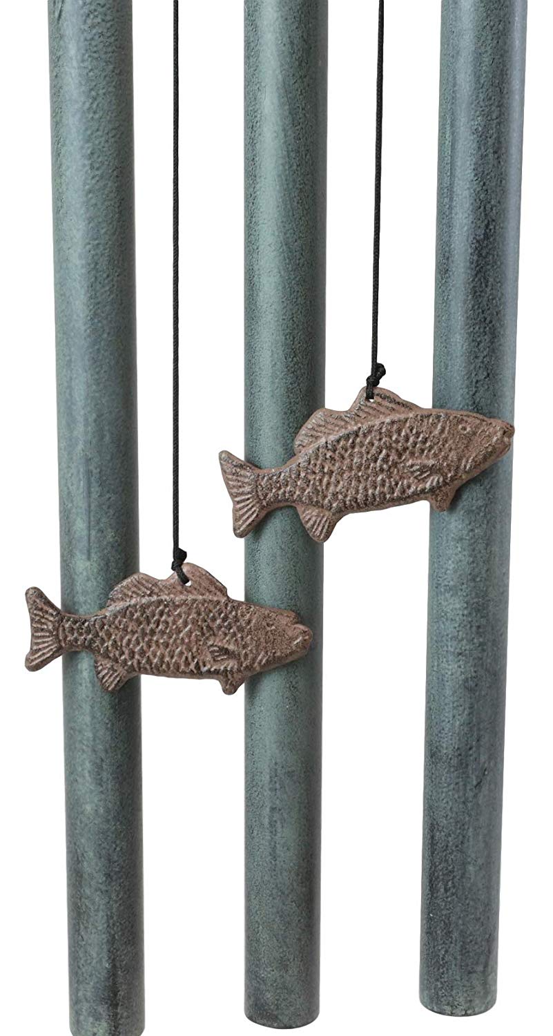Ebros Gift Aluminum Whimsical Bunny Rabbit Explorers On A Sail Boat with Telescope Tube Wind Chime Sculpture with Hanging Fish Ornaments 25.5" Tall Garden Lawn Patio Home Pool Deck Accent Decor