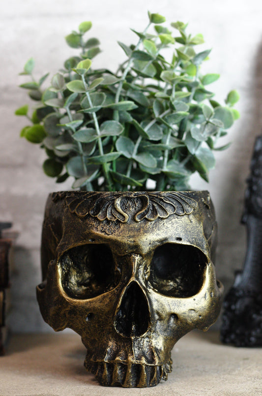 Ebros Day Of The Dead Barocco Floral Scroll Half Skull Planter Decor Bowl Figurine
