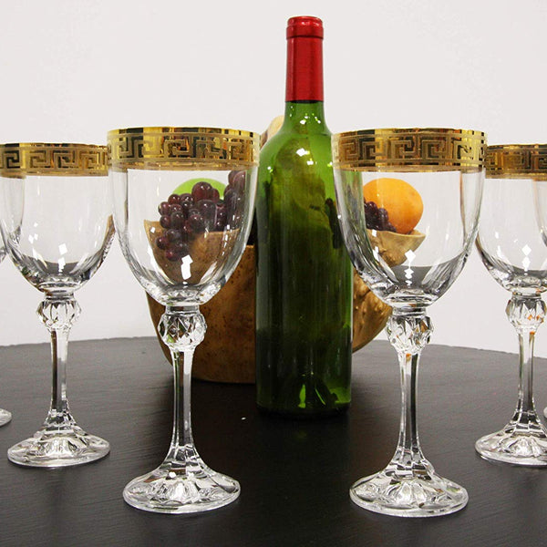 Ebros Gift Ebros Set of 6 Italian Wine Glasses Gold Plated Greek Key Border  Rim & Stem Base