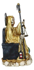 Seated Gold Santa Muerte With Scythe Scales of Justice And Wise Owl Figurine 9"H