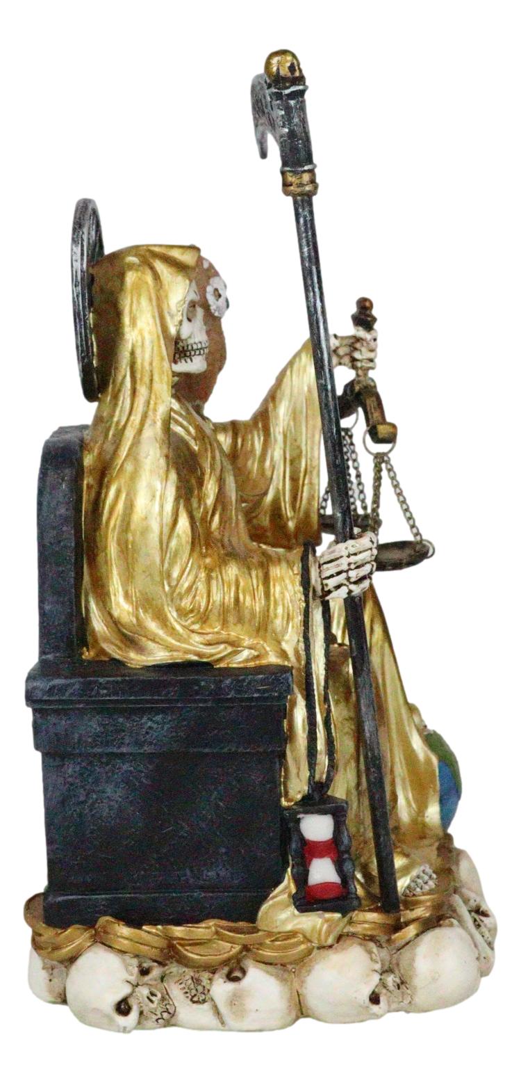 Seated Gold Santa Muerte With Scythe Scales of Justice And Wise Owl Figurine 9"H