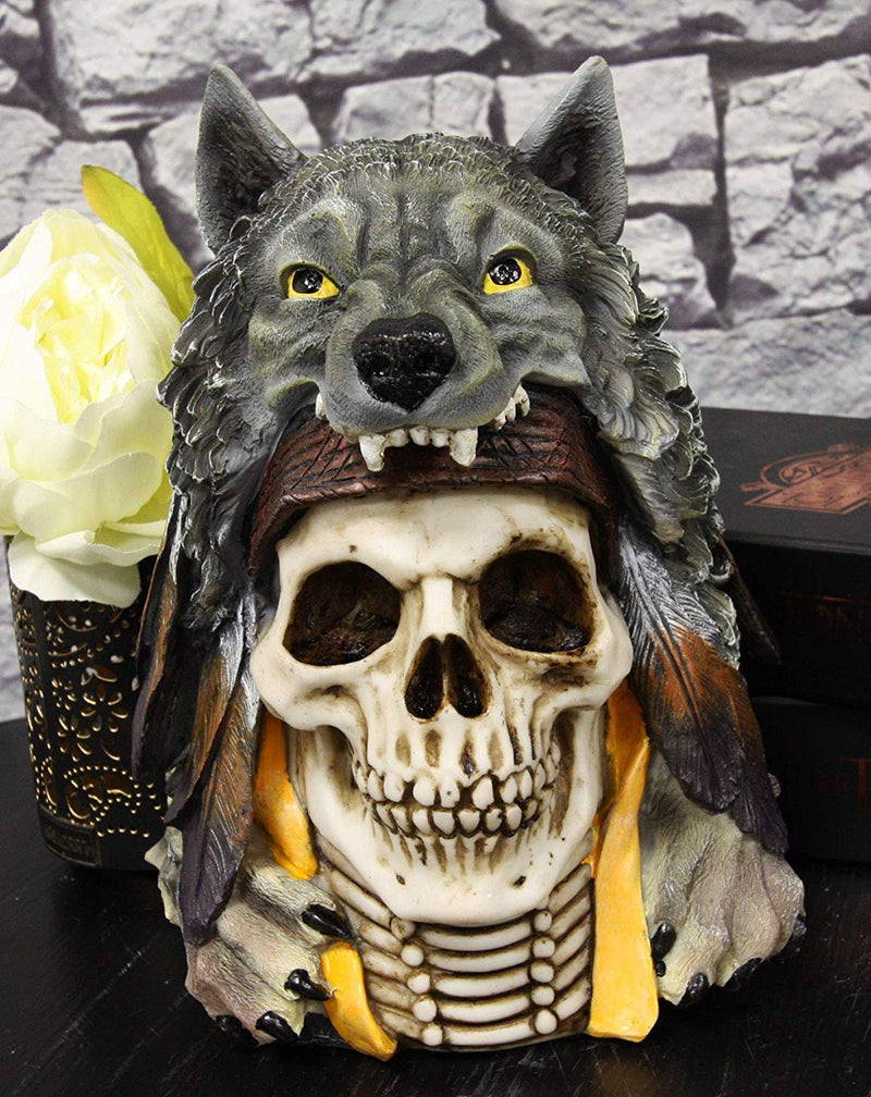 Ebros 9" Tall Large Warrior Black Wolf Headdress Skull Statue Gothic Macabre Figurine Skulls Party Centerpiece Decorative