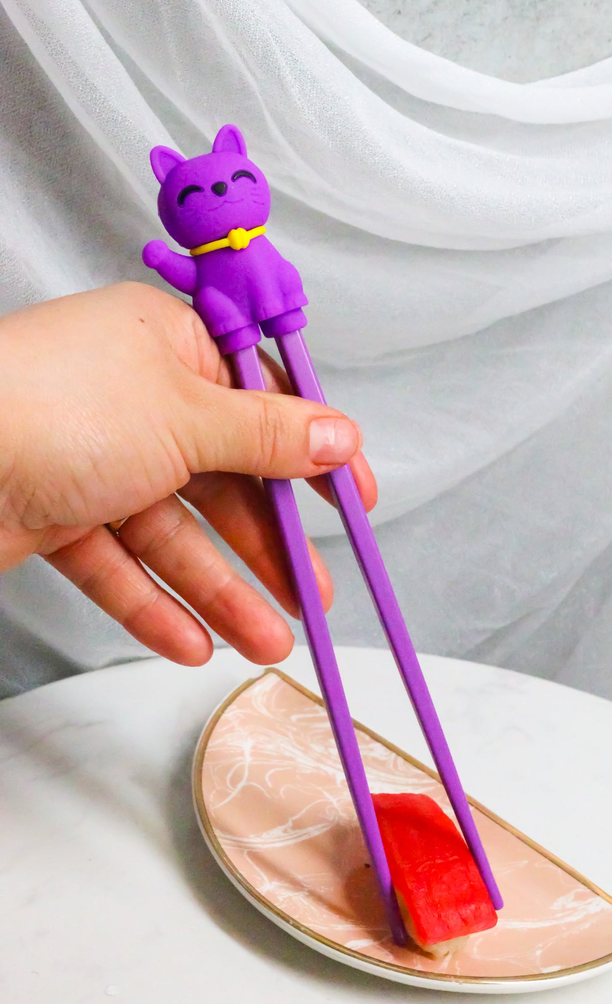 Purple Maneki Neko Lucky Cat Reusable Training Chopsticks Set W/ Silicone Helper - Ebros Gift