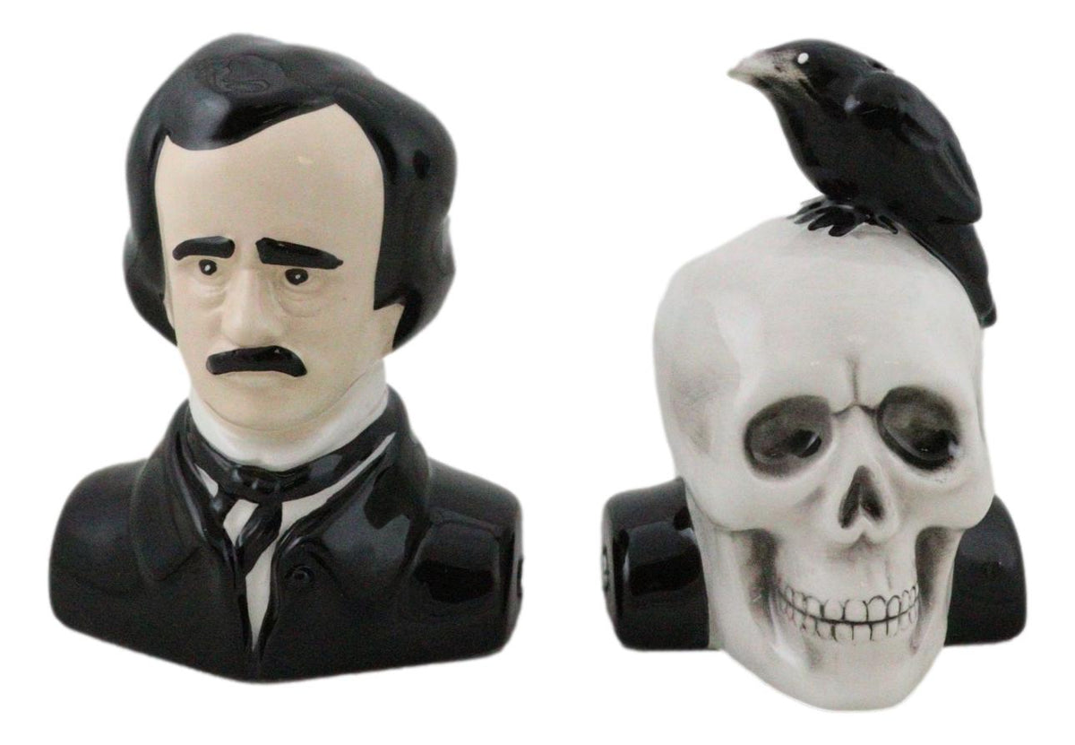 Ceramic Edgar Allen Poe And Nevermore Raven On Skull Salt And Pepper Shakers Set - Ebros Gift