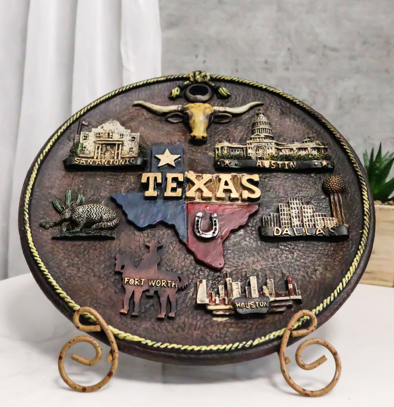 Western Texas State Map Houston Dallas Austin City Landmarks Wall Or Desk Plate