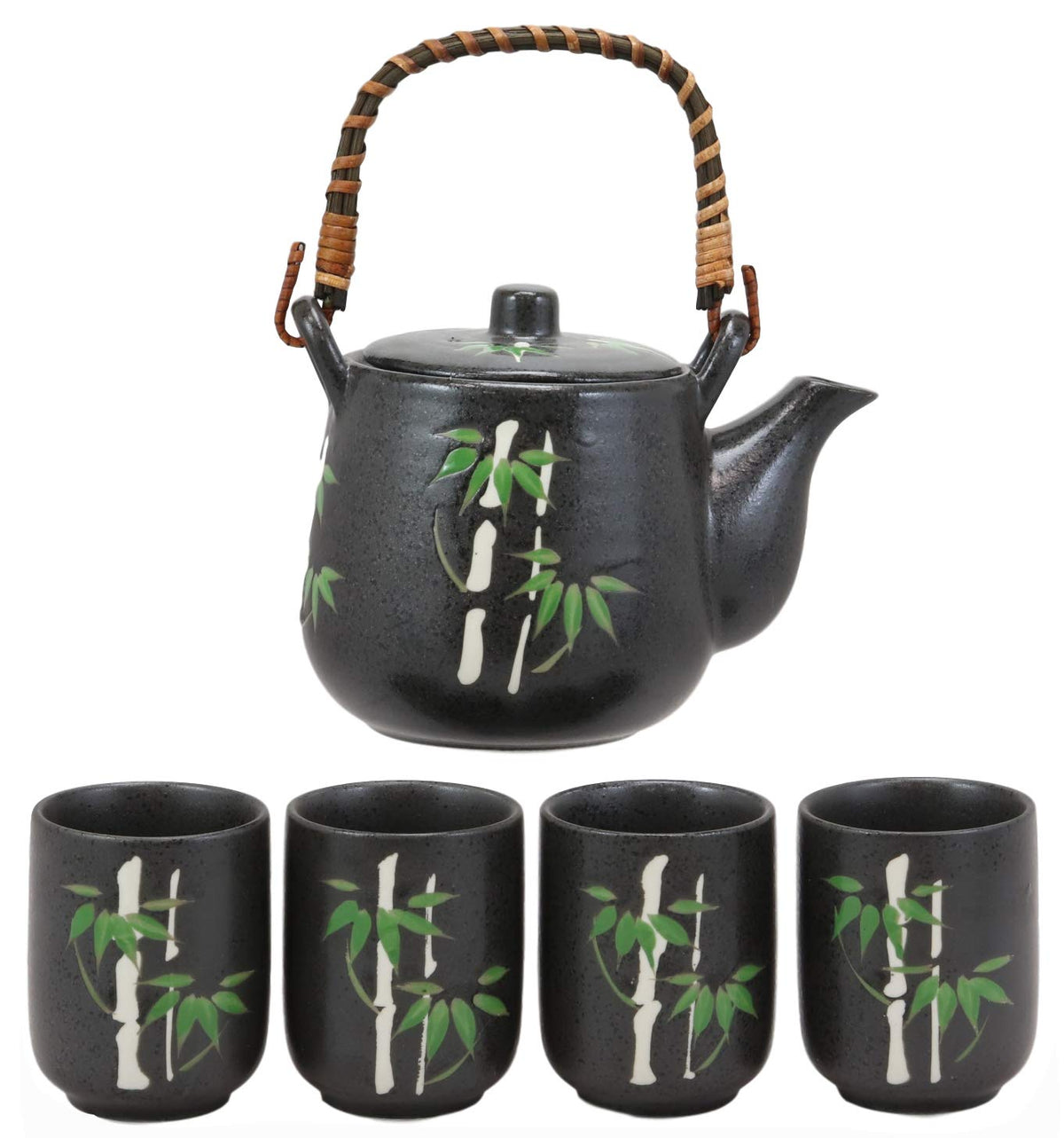 Ebros China Winter Lucky Bamboo Design Porcelain Black 20oz Tea Pot and 4 Cups Set - Ebros Gift