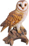 Realistic Common Barn Owl Perching On Tree Stump Statue With Glass Eyes 13.75"H