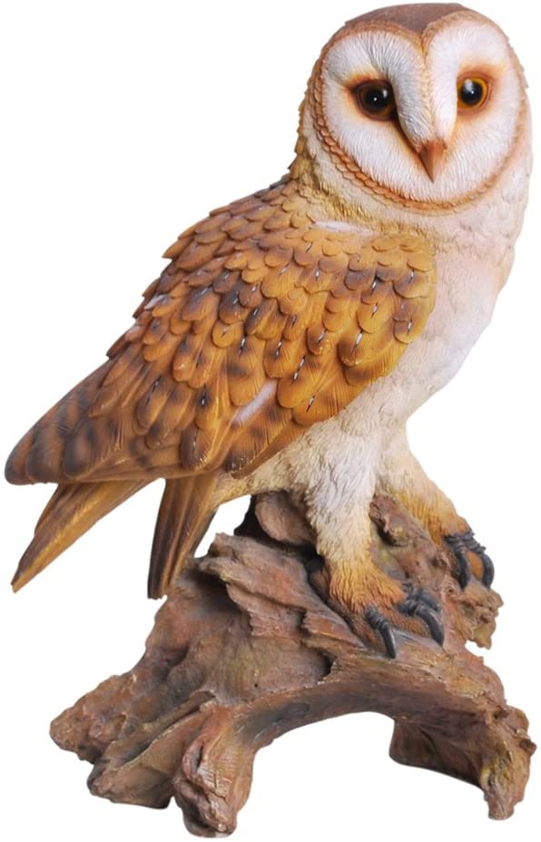 Realistic Common Barn Owl Perching On Tree Stump Statue With Glass Eyes 13.75"H