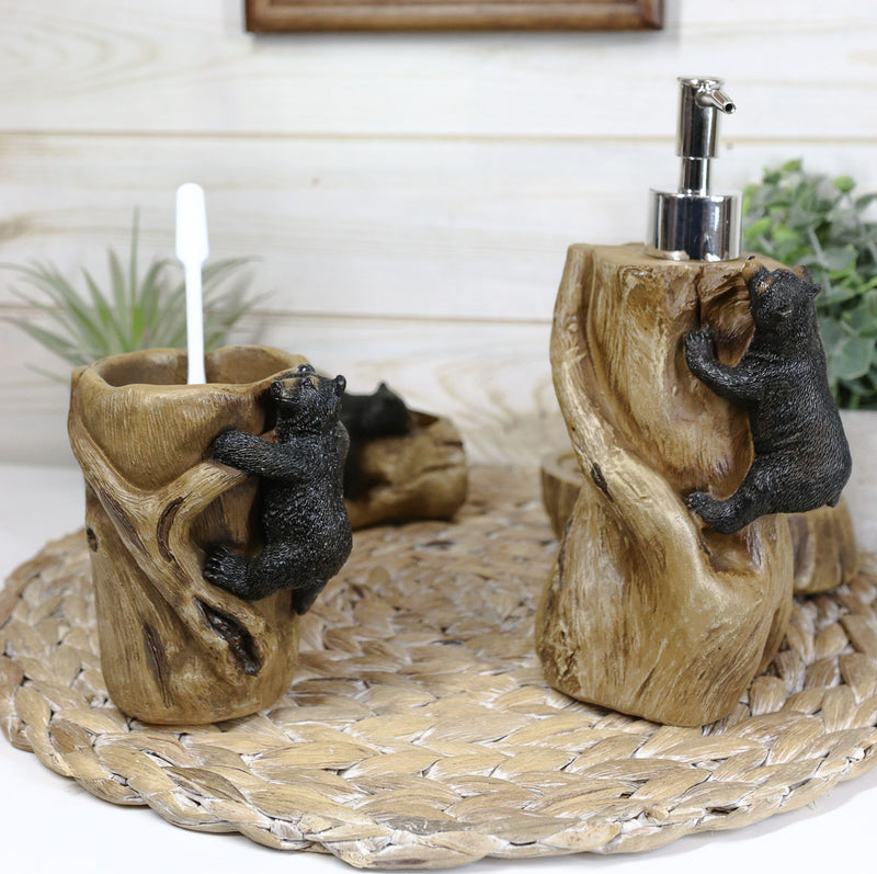 Ebros Rustic Black Bears Climbing Logs Bathroom Vanity Set of 4 Soap Dish Pump Cup
