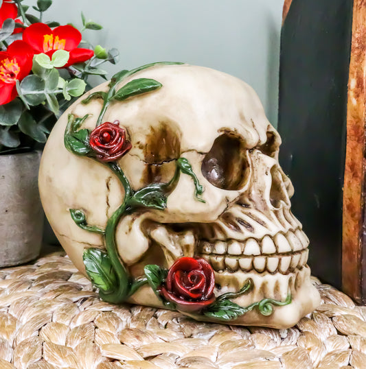 Day of The Dead Red Rose Vine Skull Figurine DOD Floral Sugar Skull Decor 6"L - Ebros Gift