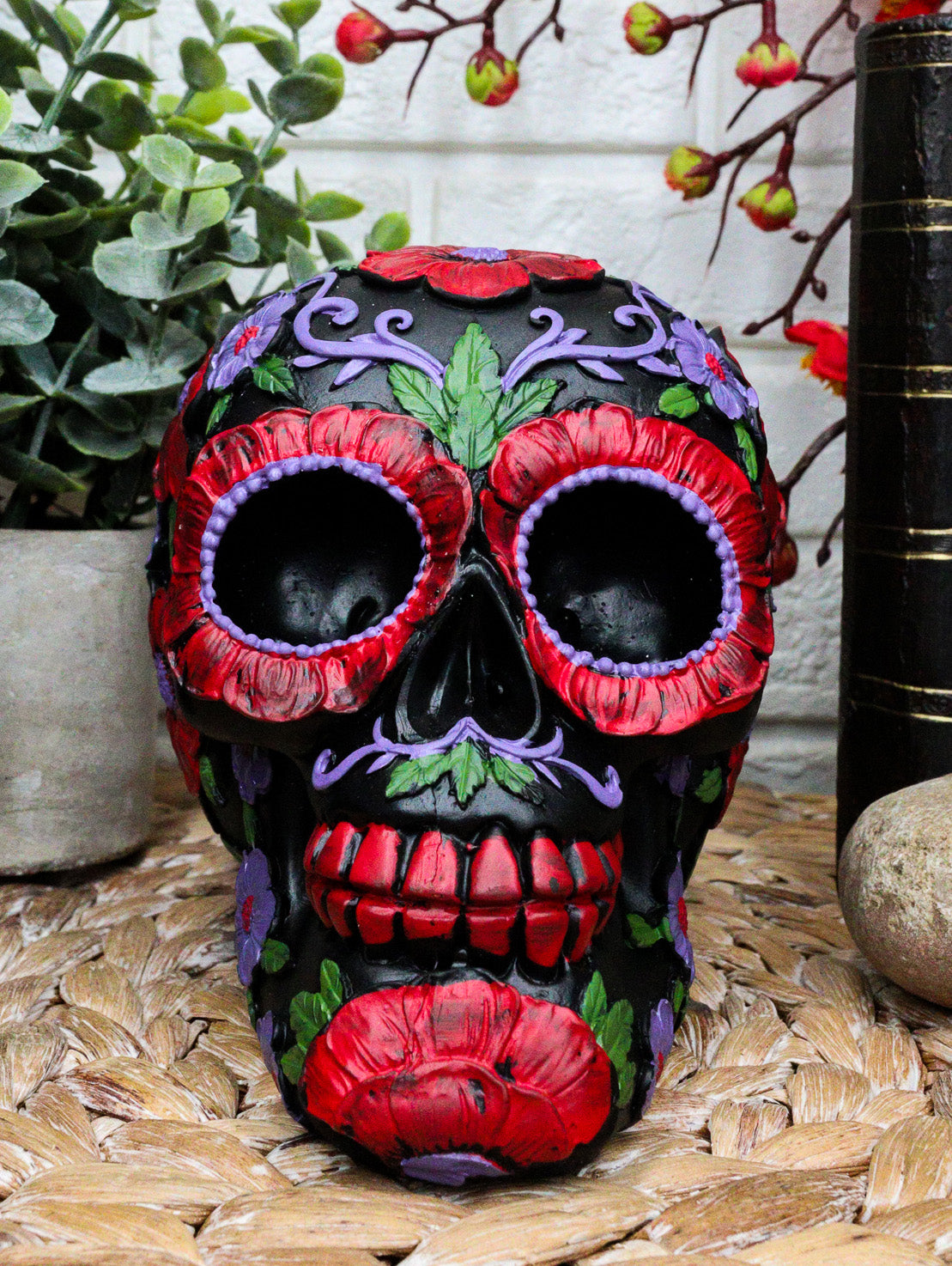 Ebros Black Day of The Dead Floral Blooms Sugar Skull Figurine DOD Skulls 6" L