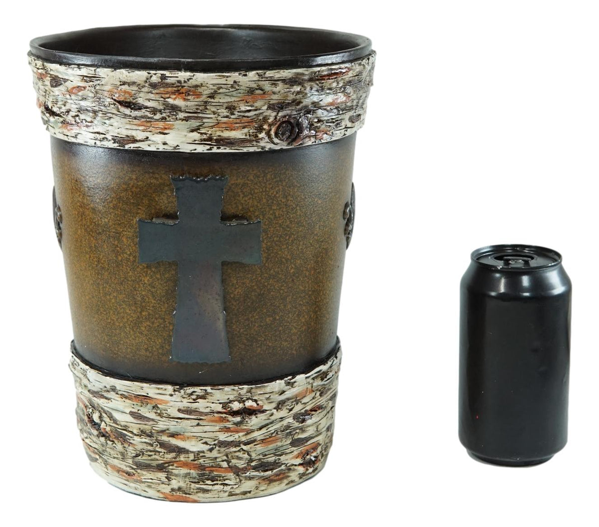 Rustic Western Fleur De Lis Cross With Birchwood Accent Waste Basket Trash Bin
