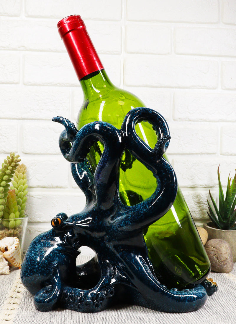 Ebros Nautical Coastal Ocean Blue Octopus Wine Holder 8"Wide Cephalopod Giant Creature Kraken Wine Caddy Figurine Statue Figurine