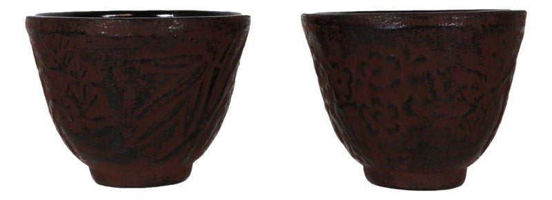 Japanese Cast Iron Tea Cups Set of Two Bamboo Design Red Burgundy Color Cup