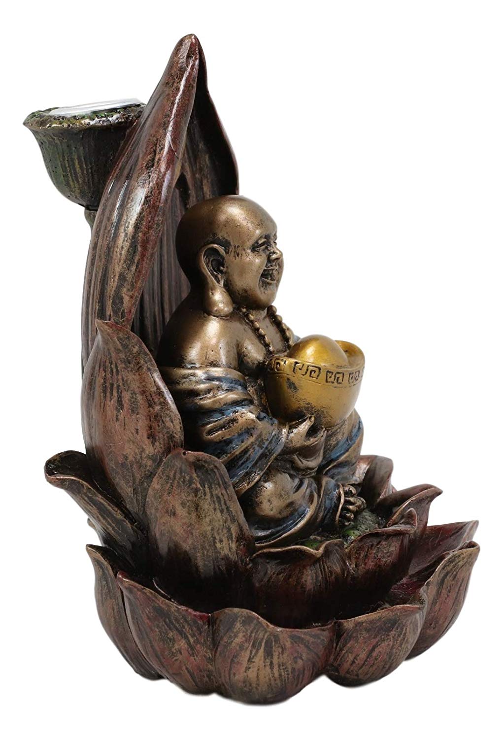 Ebros Matreiya Happy Laughing Buddha Hotei Carrying Gold Ingot Seated On Ohm Lotus Padma Throne Backflow Cone Incense Burner Statue 6"Tall
