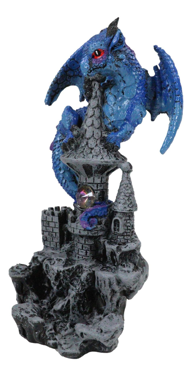 Small Blue Guardian Dragon Protecting Rhinestone Rock Crystal Castle Figurine