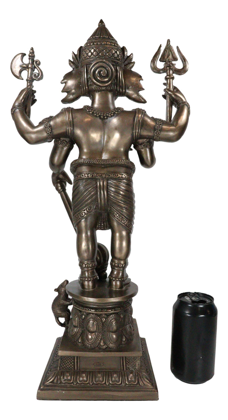 Large 21" Tall Ganesha With Dhoti in War Armor On Pillar With Rat Statue Bronzed