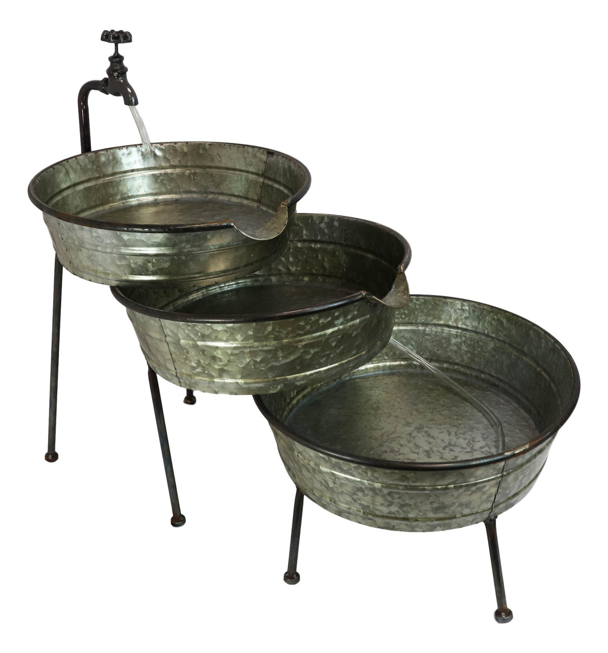Galvanized Metal Rustic 3 Tier Basins Cascading Electric Water Fountain Feature