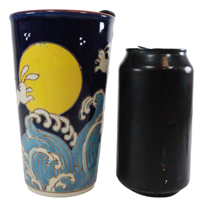 White Rabbits Jumping Over Moon Waves Ceramic Travel Mug Cup 12oz With Lid