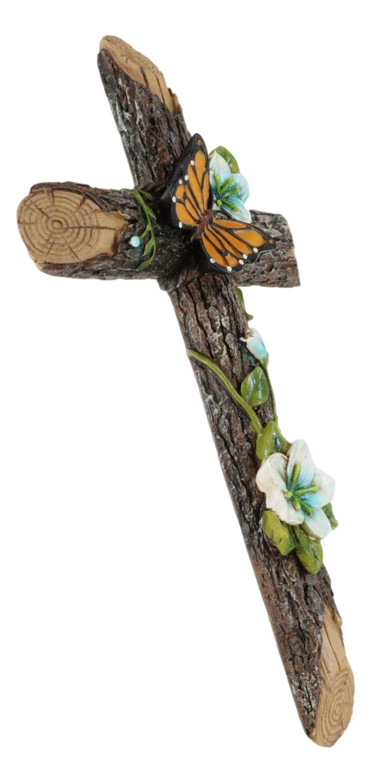 Rustic Western Butterfly Flitting On Flower Vines Faux Wooden Bark Wall Cross