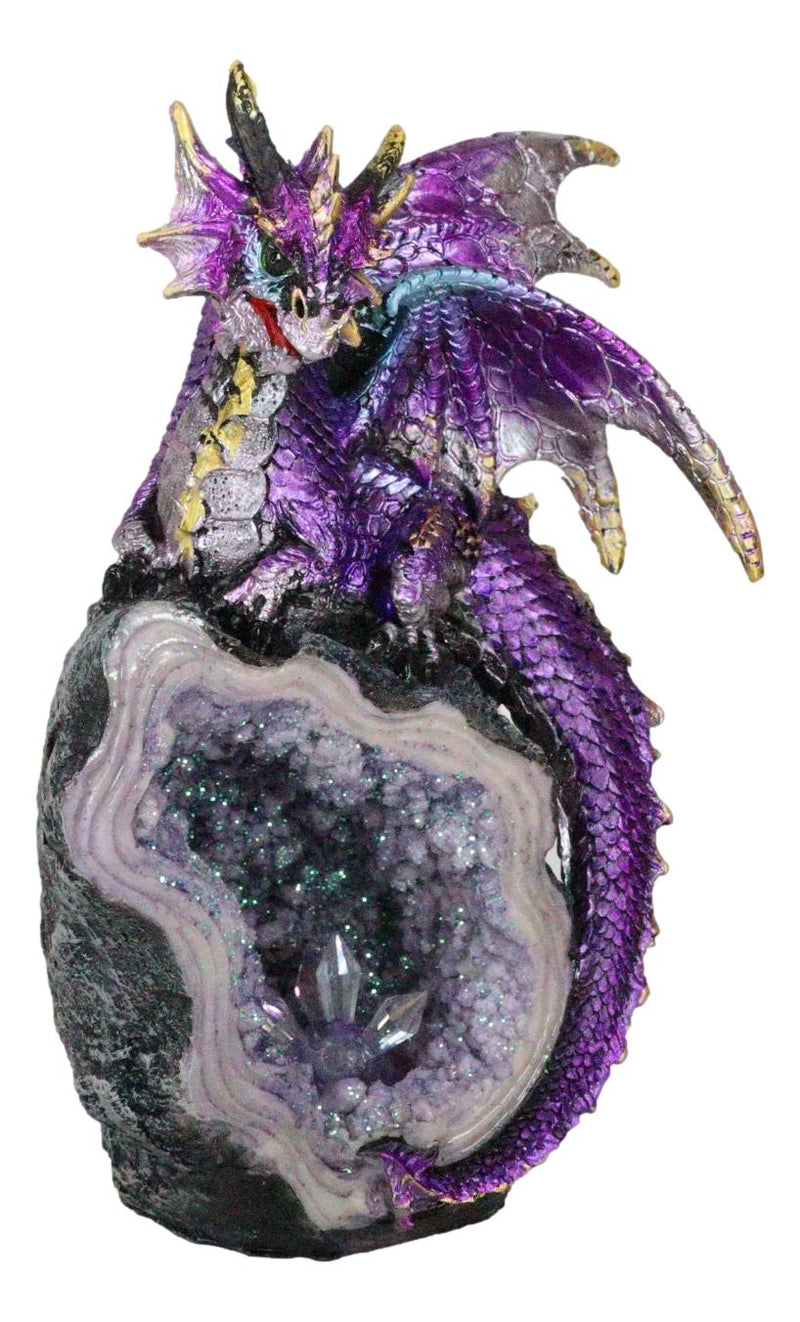 Space Purple Iridescent Dragon On Faux Geode Rock Quartz Crystal Cove Figurine