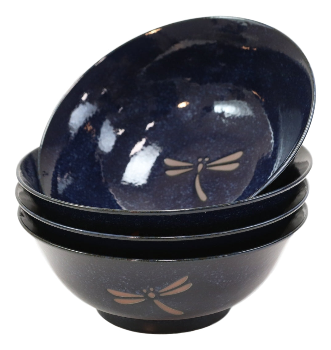 Made in Japan Blue Dragonfly Pasta Salad Soup Cereal Rice Ceramic Bowls Set of 4 - Ebros Gift